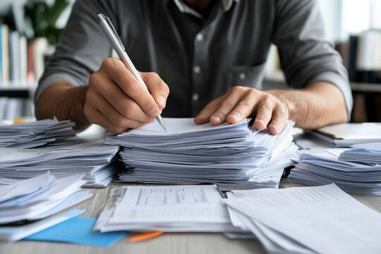 A person writes on a large pile of paperwork, symbolizing hard work and diligence in managing documents and information in an office environment.