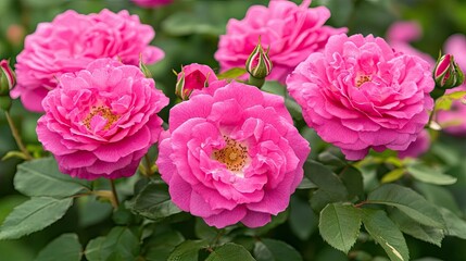 Vibrant Pink Roses in Full Bloom Against Green Foliage