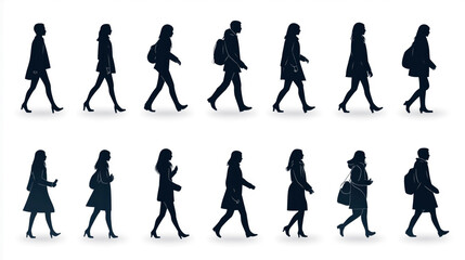 Silhouettes of diverse people walking in side view, illustrating different postures and motion styles, set against a plain background.