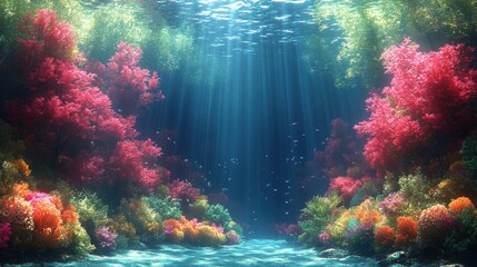 Obraz premium Underwater Scene with Vibrant Coral Reefs and Sunbeams