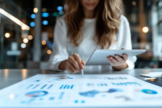 Woman using a digital tablet to review financial reports in an office setting, highlighting aspects of business analysis and strategic financial management.