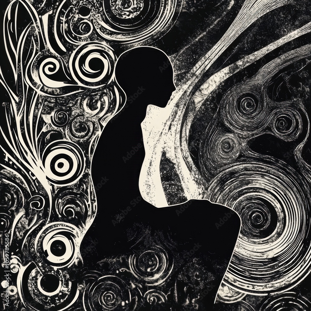 Leinwandbilder A solitary figure sits in contemplation within a vibrant, abstract swirl of lines and patterns, evoking introspection and calm. Generative AI