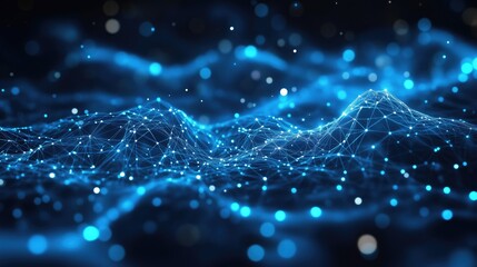 Blue abstract digital landscape with flowing lines and glowing dots representing data connections in a network, showcasing depth and movement with dark and light contrasts
