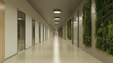 Fototapeta premium Modern Corridor with Green Wall and Elevators