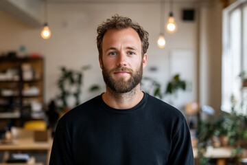 Obraz premium A young man with a beard stands in a casual office space, looking at the camera, symbolizing comfort, modern workspace, and a relaxed work atmosphere.