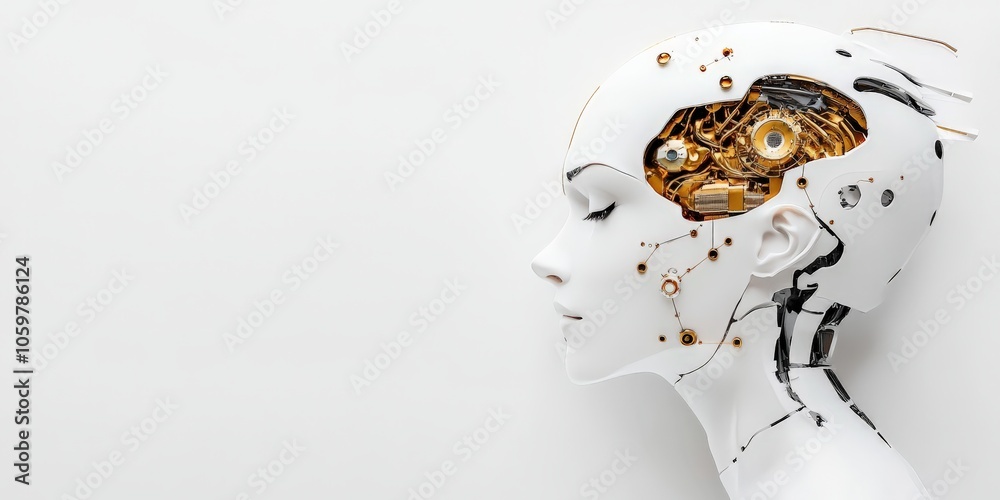 Poster a profile view of a humanoid robot with intricate golden mechanical components visible inside, repre