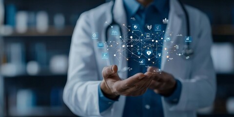 A professional in a white coat holds a digital network diagram with healthcare icons, representing the integration of technology in the healthcare industry.