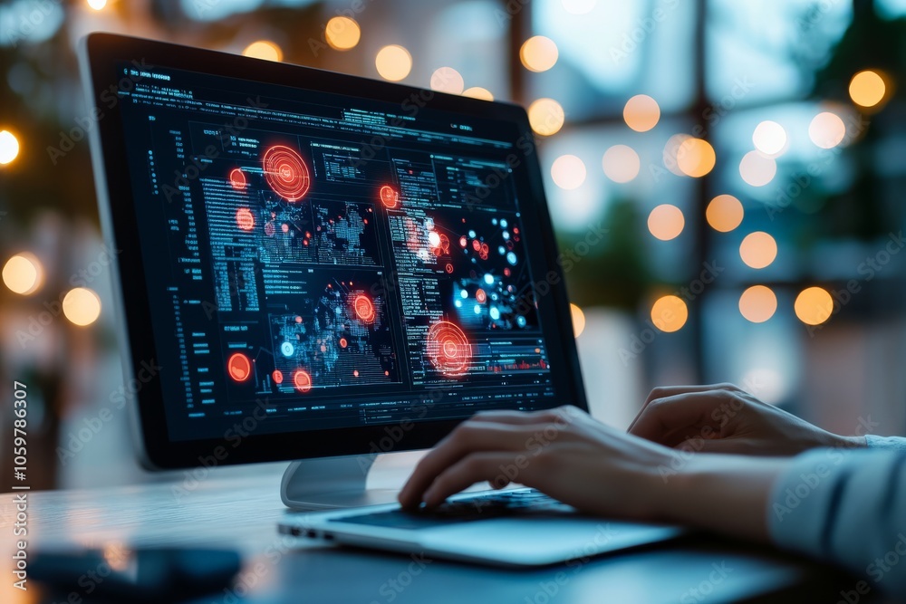 Poster hands actively typing on a keyboard with vibrant data and visualizations on the screen, depicting in
