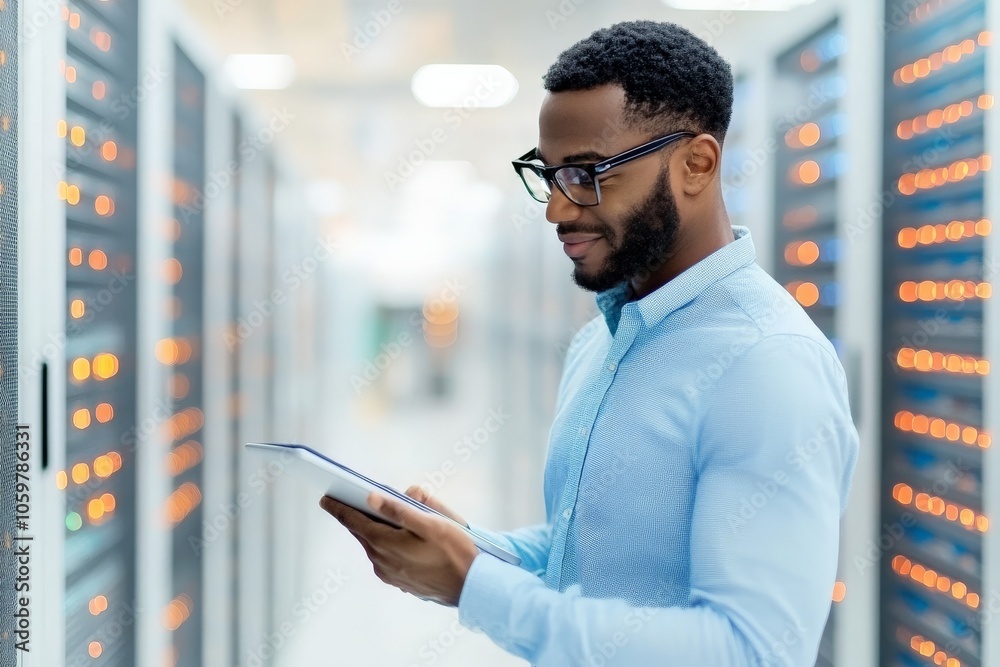 Poster a man stands in a modern data center, holding a tablet and checking the servers. the environment is 