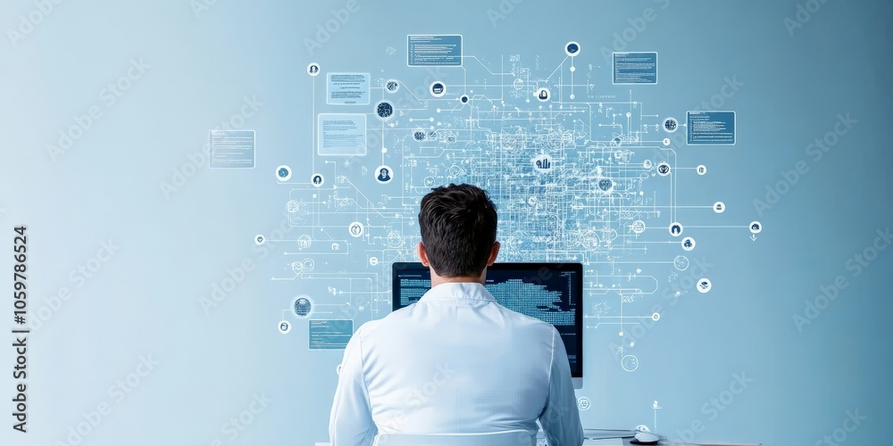 Poster a determined professional interacts with a computer displaying a complex system interface, emphasizi