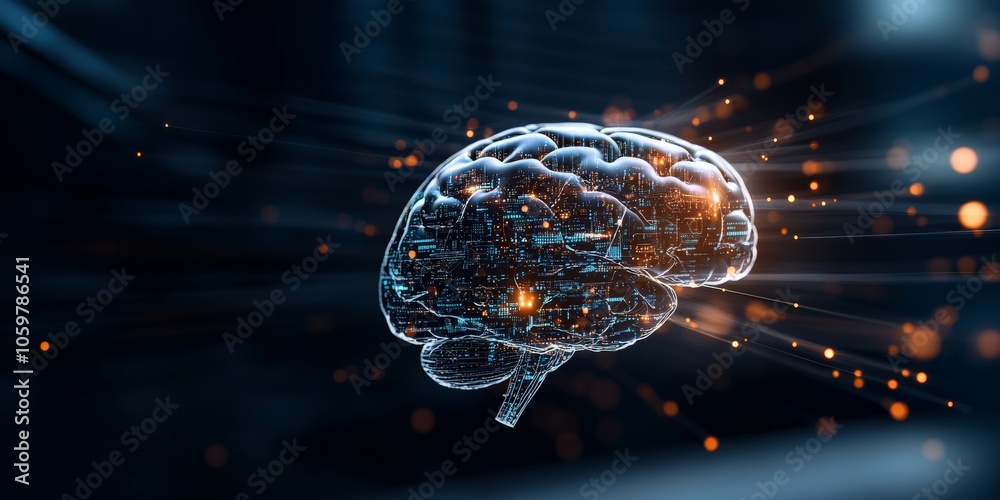 Poster a digital representation of a brain illustrates the theme of artificial intelligence, with glowing l