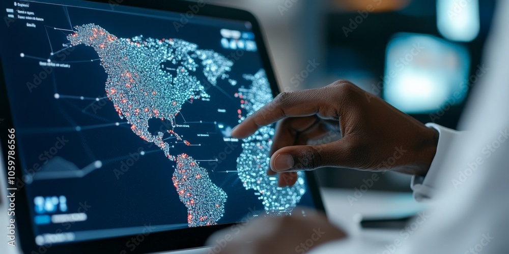 Poster an interactive digital display of a global map with touch controls, representing modern technology, 