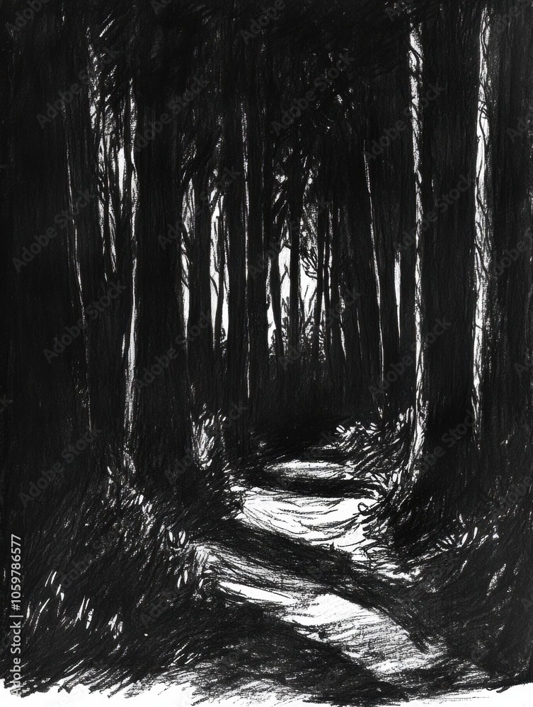 Aufkleber The artwork features a dense forest lined with intricate trees and shadows, showcasing a winding path inviting exploration. Generative AI