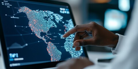 An interactive digital display of a global map with touch controls, representing modern technology, geographic information systems, and data interaction.