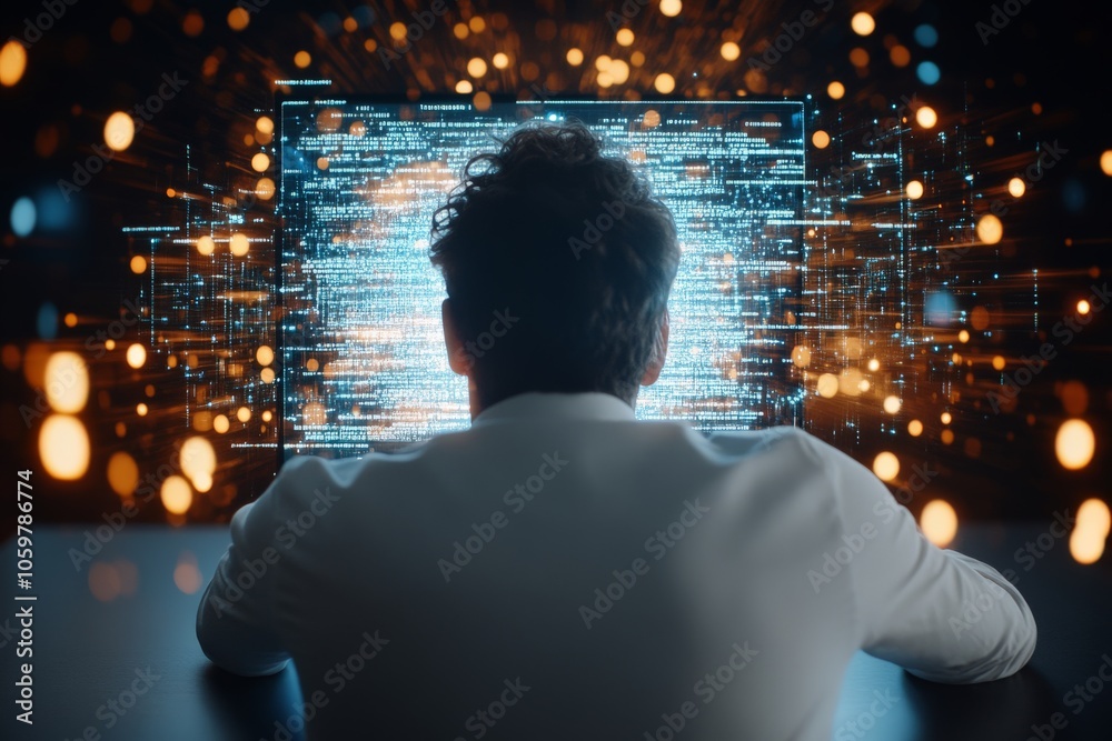 Poster a man sitting in front of a computer screen displaying intricate data visualizations and glowing dig