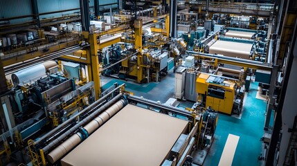 A bird's-eye view of a paperboard production facility, showing multiple machines working in tandem to produce massive sheets of material.