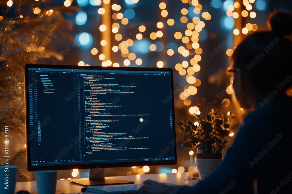 Poster a coder is focused on a computer screen with code, surrounded by warm, ambient holiday lights, sugge