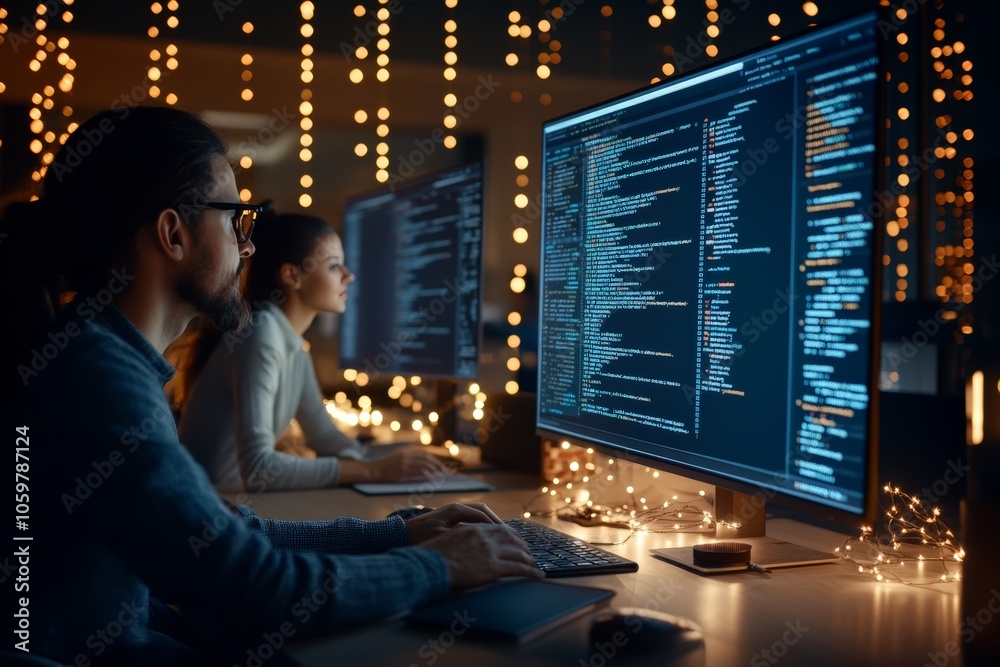 Poster two engineers work closely on a software development task, focusing on the code displayed on their s