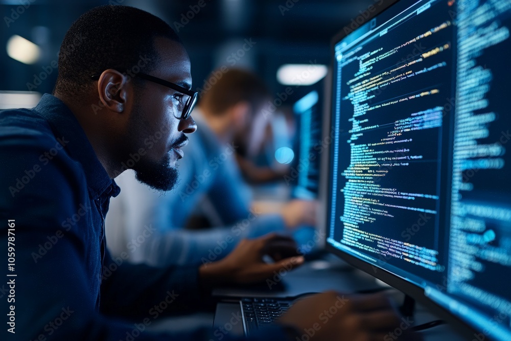 Poster a software developer in glasses works intently on a computer screen filled with lines of code. the r