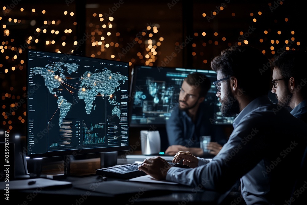 Poster a team of professionals analyzes global data visualizations on large monitors in a dark room. analyz