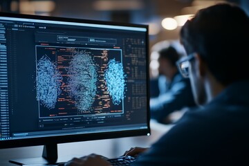 A person inspects intricate neural network visualizations on a monitor, highlighting critical analysis within a data-driven environment filled with innovation.
