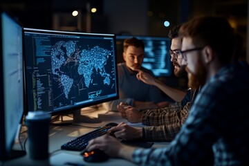 A professional tech team collaborates while examining global data and visualizations on monitors. The setting is tech-savvy with focused energy and innovative goals.