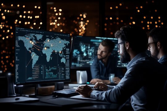 A team of professionals analyzes global data visualizations on large monitors in a dark room. Analyzing and processing geospatial information is the focus.