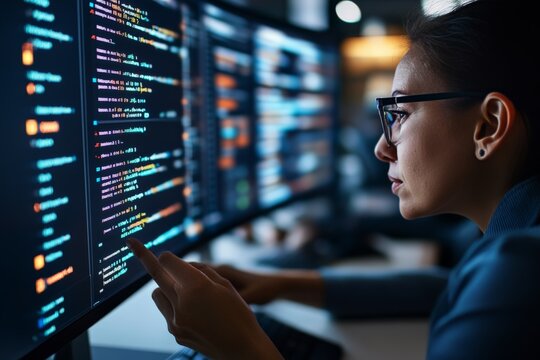 Focused woman in glasses interacts with computer screen, showcasing lines of code and intricate programming work. Highlights dedication and focus.