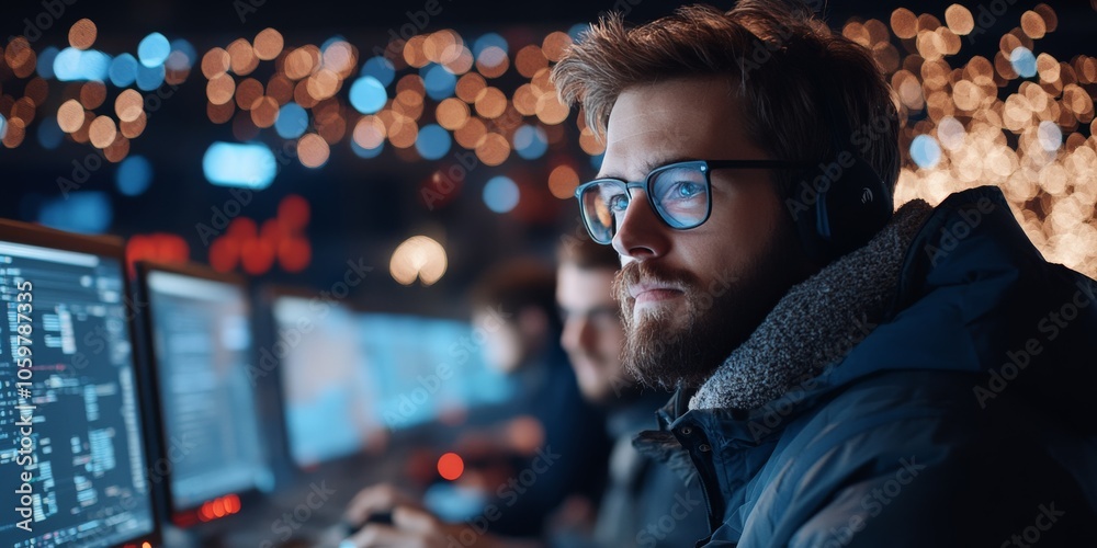 Poster a focused programmer wearing glasses and headphones, working intently on a computer in a dimly lit w