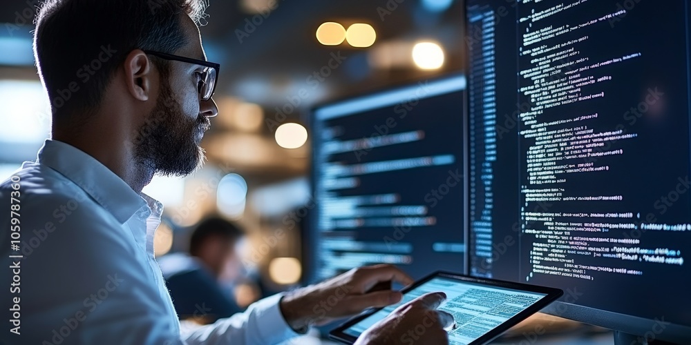 Poster a software engineer in a dynamic environment, analyzing codes on large monitors with a tablet, refle