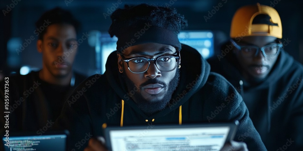 Poster a group of hackers intensely collaborating around a table in a dark room with multiple screens, sign