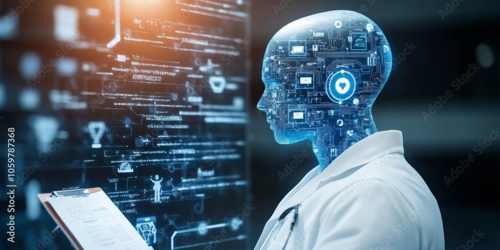 Poster a futuristic ai robot dressed in a lab coat, engaged in analyzing complex data in a digital workspac
