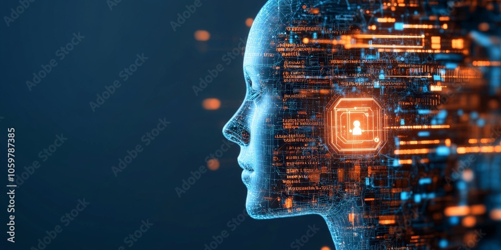 Poster a futuristic depiction of a digital human profile with embedded technology, showcasing the blend of 