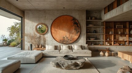 Modern living room with large circular artwork, a stone coffee table, and exposed concrete walls.