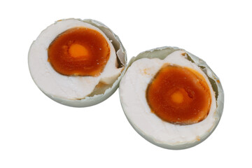 A hard-boiled salted duck egg cut in half isolated transparent