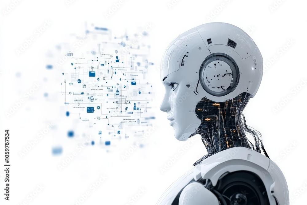 Poster a sleek robotic figure is portrayed with visible internal circuitry and hovering digital interface e