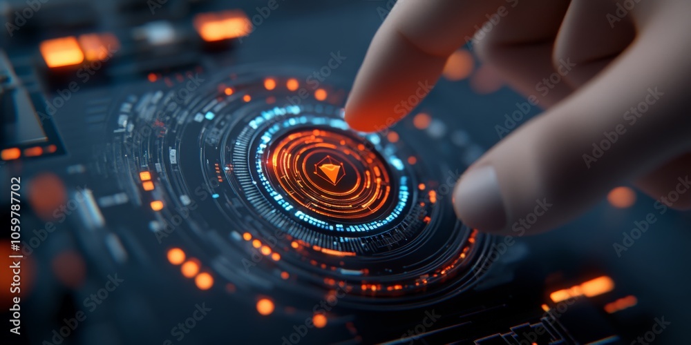Poster a hand interacts with a high-tech circular interface display in a digital environment, representing 