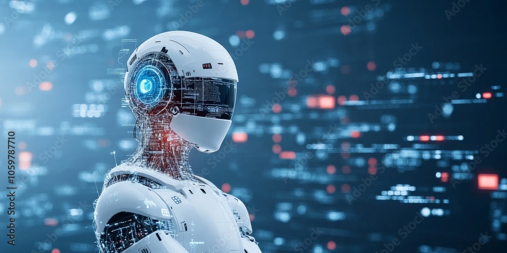 Poster a sleek robot stands with digital data interfaces in the background, representing advanced ai, robot