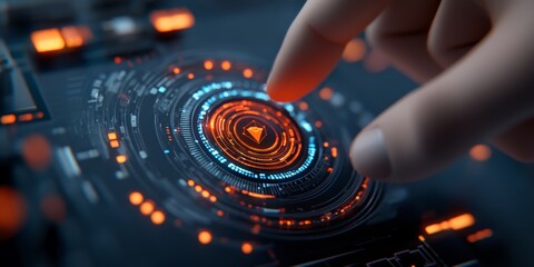 A hand interacts with a high-tech circular interface display in a digital environment, representing advanced technological control and innovation.