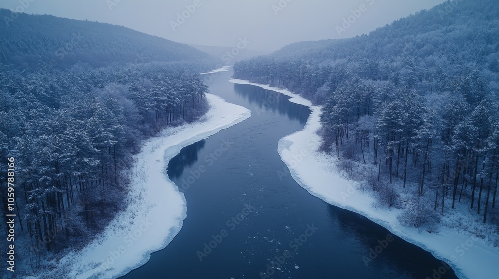 Poster a tranquil winter river meanders through a snow-blanketed landscape, flanked by tall, frost-laden tr