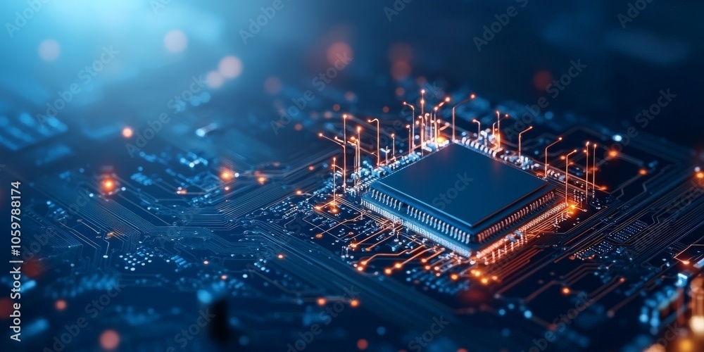 Poster a detailed visual of an advanced illuminated microchip on a circuit board, representing technology's