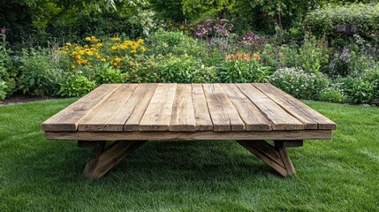 Fototapeta premium Wooden Platform in Lush Garden Setting