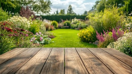 Obraz premium Serene Garden View with Wooden Surface in Foreground