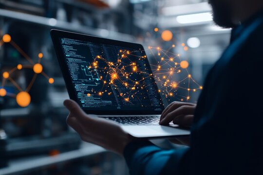 A programmer intensely types code on a glowing laptop, symbolizing dedication to crafting algorithms for network systems with glowing digital connections.