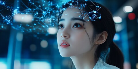 A visionary woman observes a network of digital connections, reflecting innovation, imagination, and the potential of technology in human creativity and intelligence.