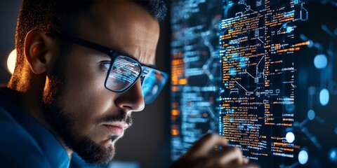 A dedicated programmer intensely examines a computer screen displaying intricate lines of code, suggesting deep focus and problem-solving. The scene implies a modern, tech-savvy environment.
