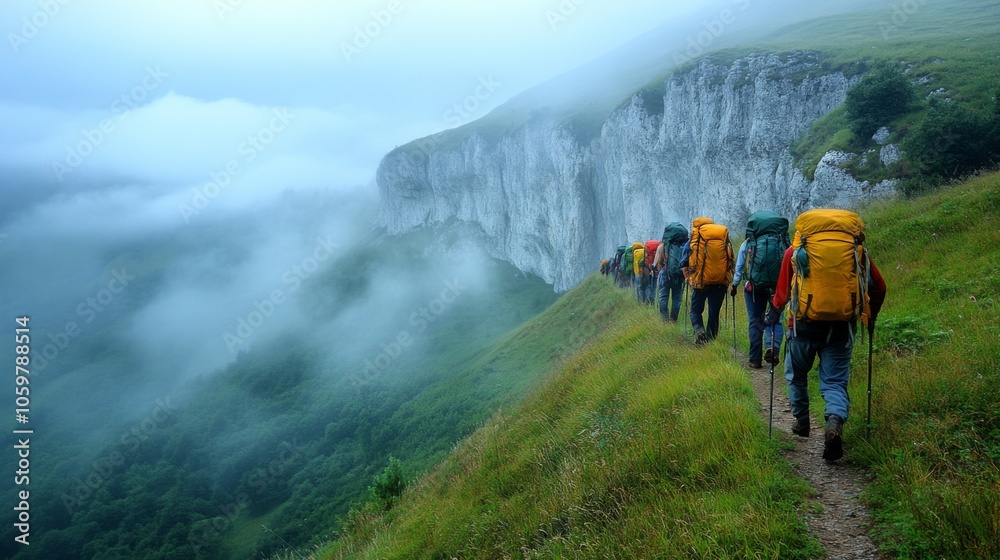 Poster a group of hikers with large backpacks walks along a narrow trail bordered by lush vegetation and cl