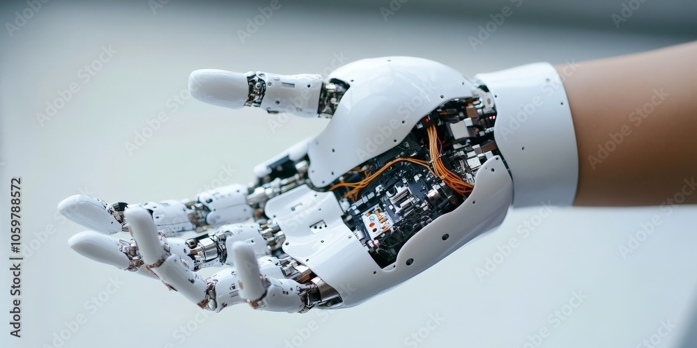 Poster a close-up image of a robotic hand with visible circuits and wires, showcasing advanced technology a