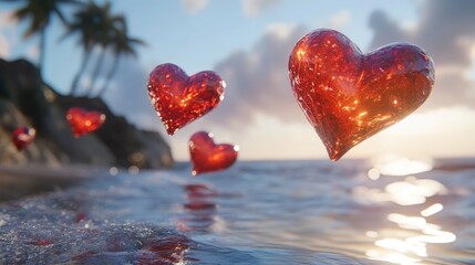 Fototapeta premium Floating Hearts Over Calm Ocean Water at Sunset