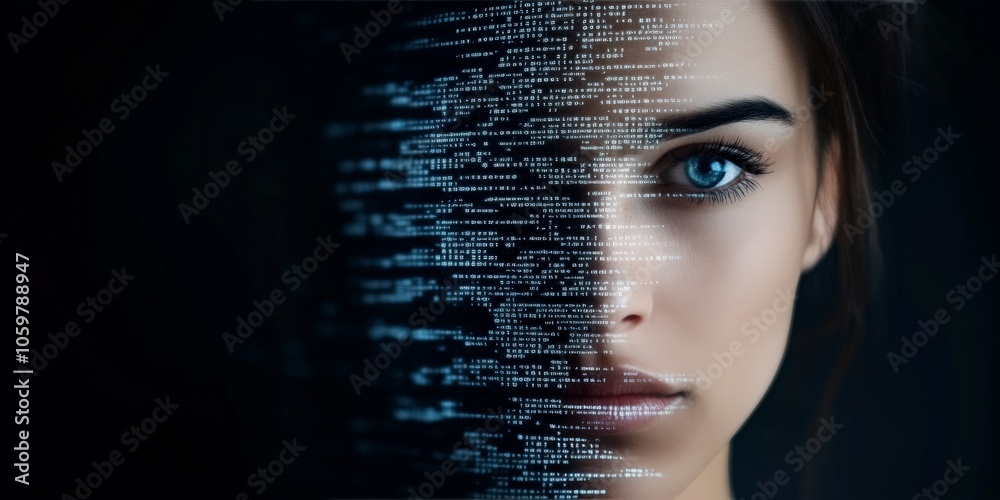 Poster a close-up of a half-human face with binary code and holographic patterns intertwining, symbolizing 